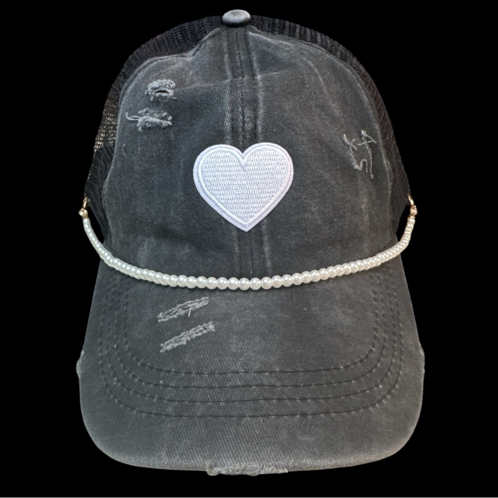Black Distressed Cap with Heart Patch and Pearl Detail